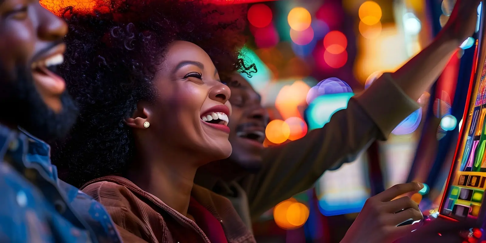 Couple smiling while playing slot machines.